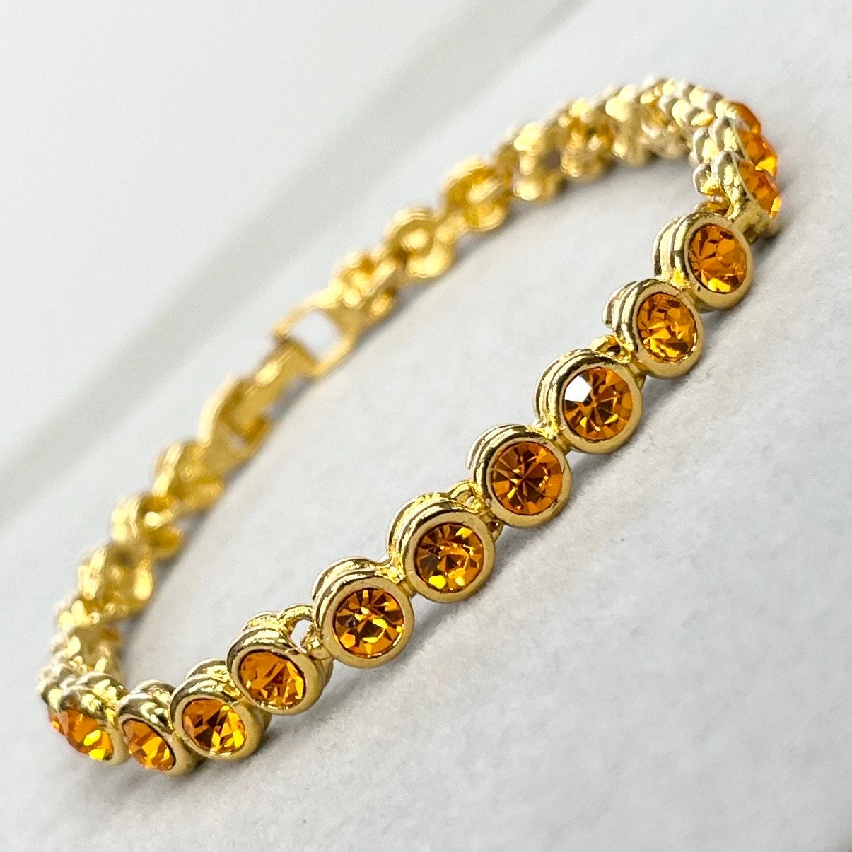 Vintage Orange Cadmium Glass Crystal Tennis Bracelet Gold Tone Metal UV Reactive Glow Jewellery TheGreenGlassGemShop