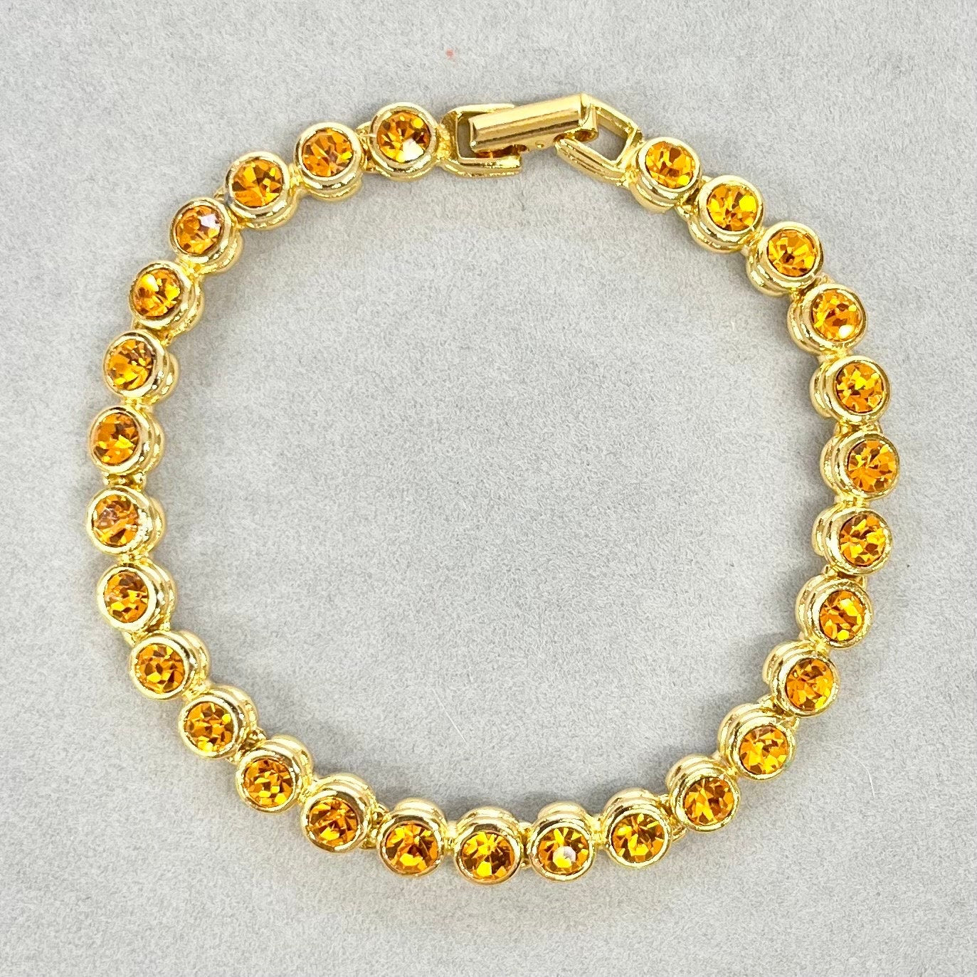 Vintage Orange Cadmium Glass Crystal Tennis Bracelet Gold Tone Metal UV Reactive Glow Jewellery TheGreenGlassGemShop