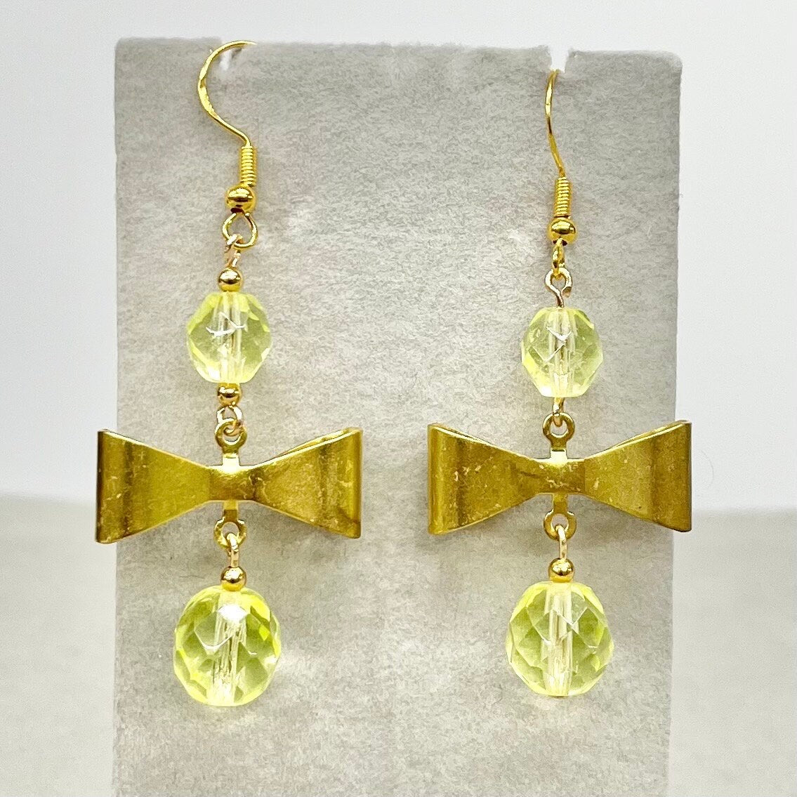 Vintage Gold Tone Yellow Uranium Glass Bead Bow Drop Earrings UV Reactive Glow with Czech Firepolished Crystal Beads TheGreenGlassGemShop