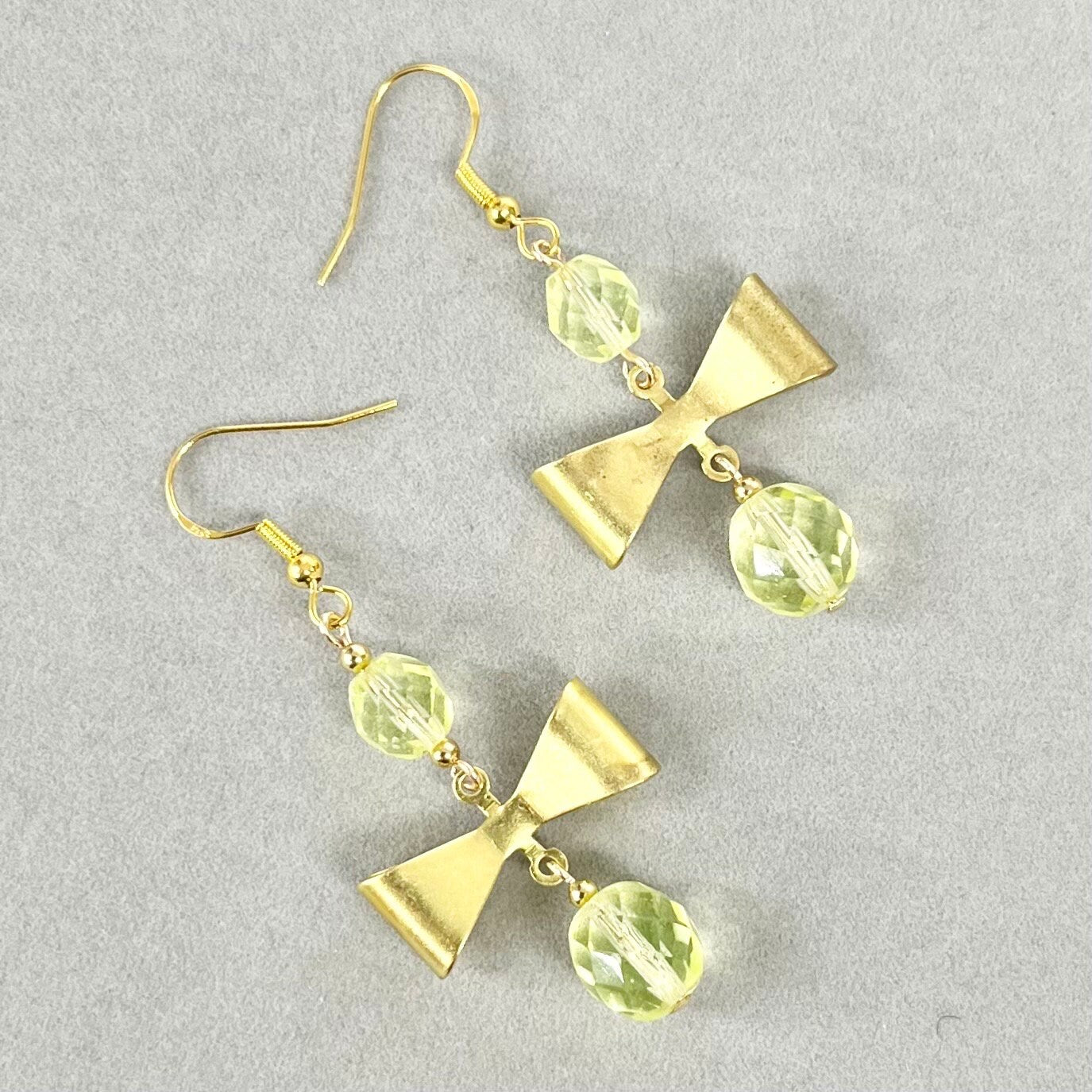 Vintage Gold Tone Yellow Uranium Glass Bead Bow Drop Earrings UV Reactive Glow with Czech Firepolished Crystal Beads TheGreenGlassGemShop