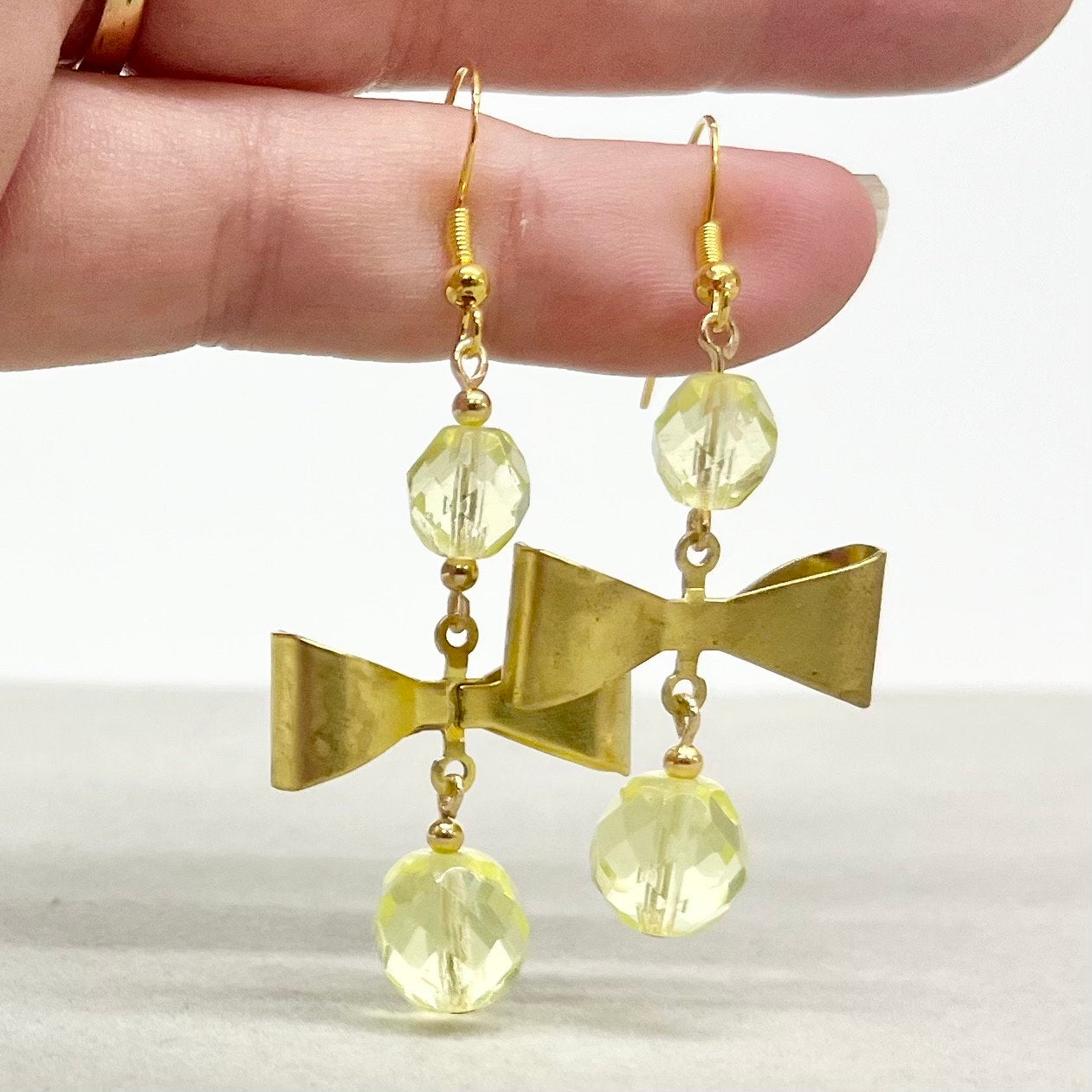 Vintage Gold Tone Yellow Uranium Glass Bead Bow Drop Earrings UV Reactive Glow with Czech Firepolished Crystal Beads TheGreenGlassGemShop