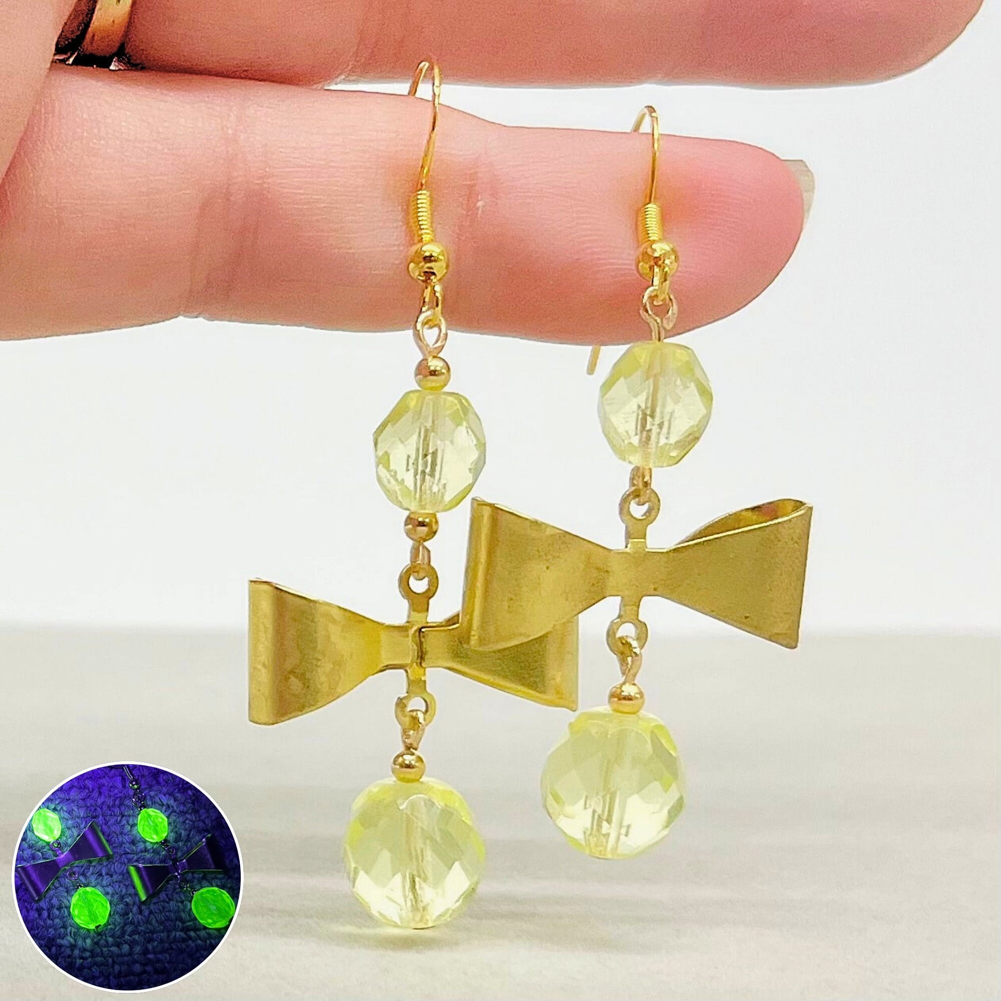 Vintage Gold Tone Yellow Uranium Glass Bead Bow Drop Earrings UV Reactive Glow with Czech Firepolished Crystal Beads TheGreenGlassGemShop