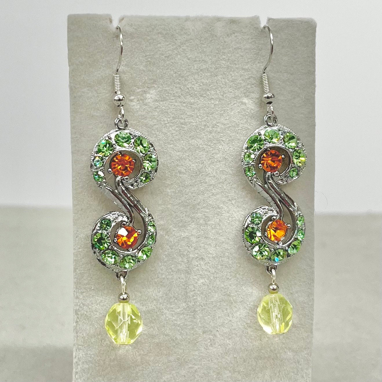 Unusual Uranium Green & Cadmium Orange Crystal ‘S’ Drop Earrings UV Reactive Glow with Vintage Swarovski Crystal Elements TheGreenGlassGemShop