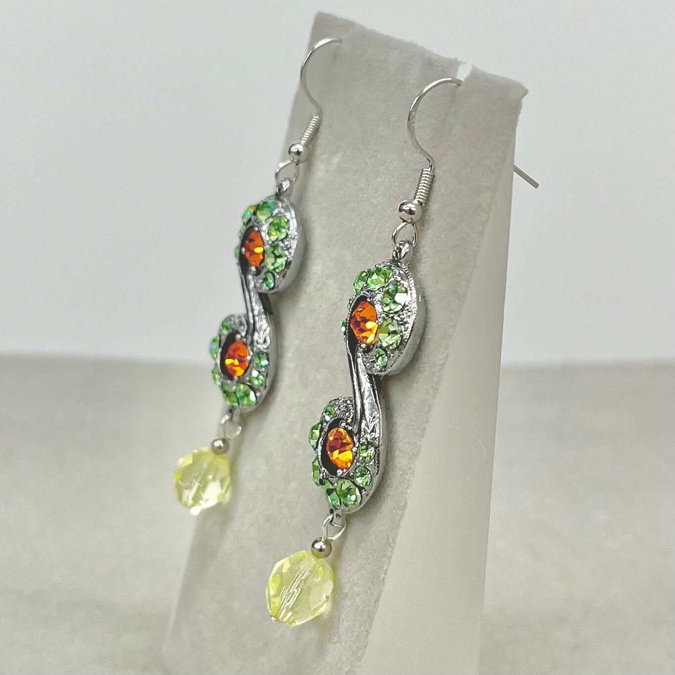 Unusual Uranium Green & Cadmium Orange Crystal ‘S’ Drop Earrings UV Reactive Glow with Vintage Swarovski Crystal Elements TheGreenGlassGemShop