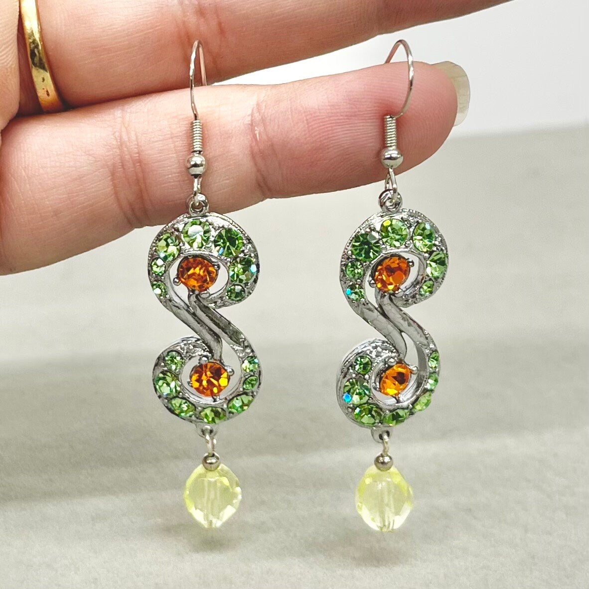 Unusual Uranium Green & Cadmium Orange Crystal ‘S’ Drop Earrings UV Reactive Glow with Vintage Swarovski Crystal Elements TheGreenGlassGemShop