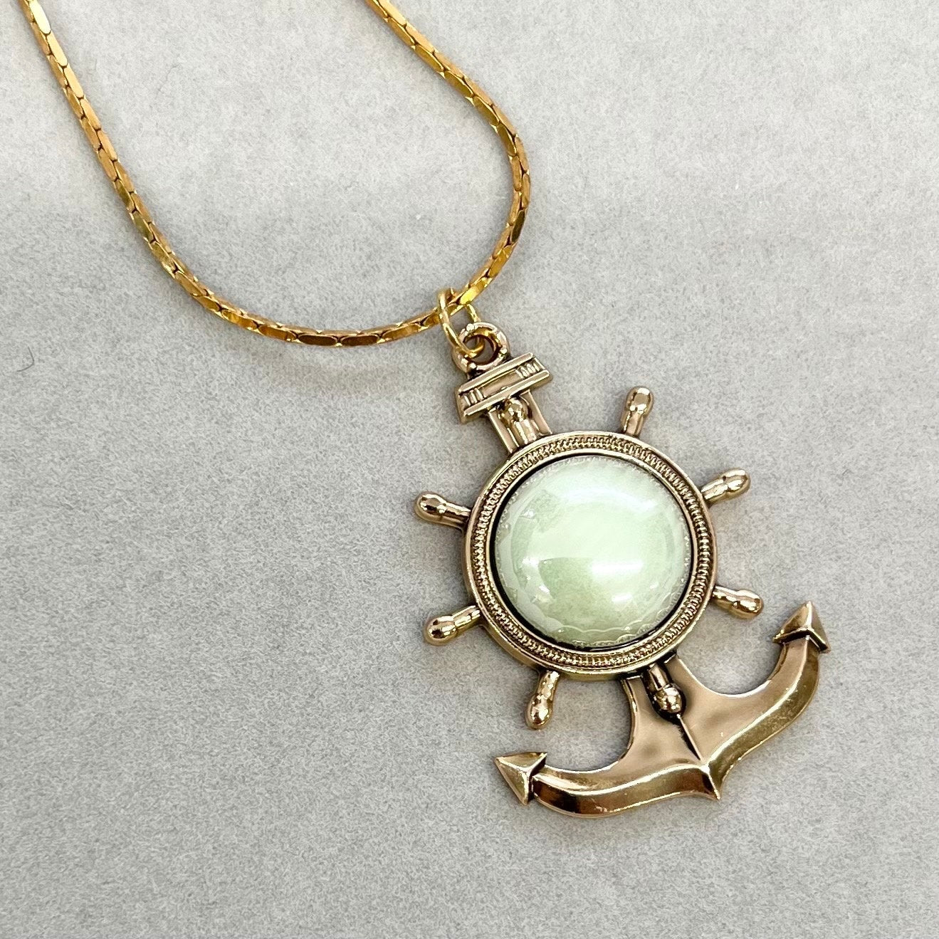 Gold Tone Mint Green Uranium Glass Anchor Pendant & Chain with Vintage Uranium Czech Glass in a Vintage Setting UV Reactive Glow TheGreenGlassGemShop