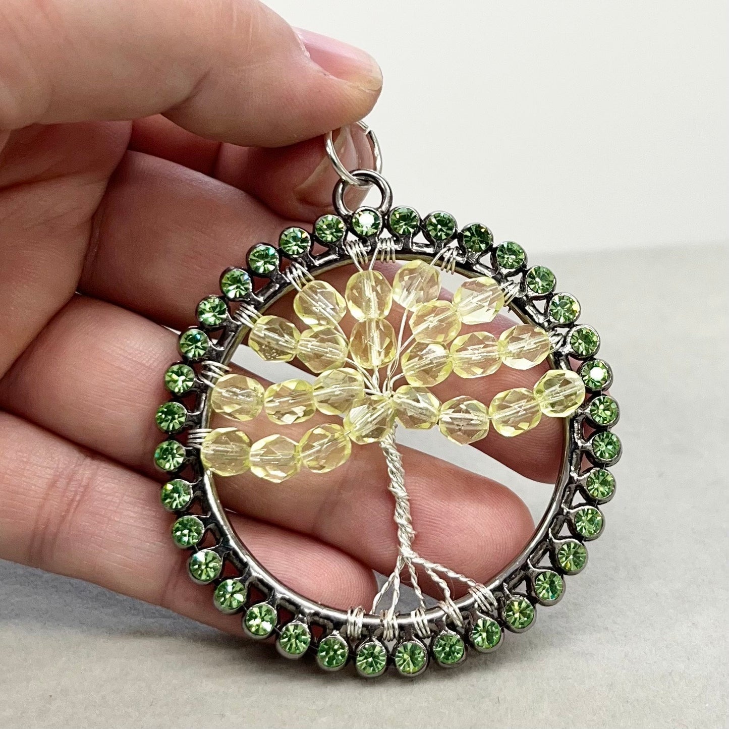 Large Tree Of Life Uranium Beaded Pendant with Uranium Crystals in a Vintage Setting UV Reactive Glow TheGreenGlassGemShop