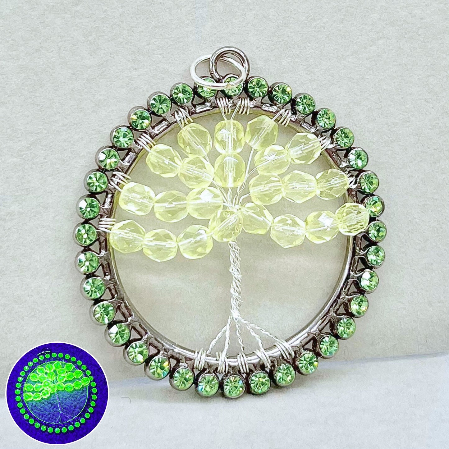 Large Tree Of Life Uranium Beaded Pendant with Uranium Crystals in a Vintage Setting UV Reactive Glow TheGreenGlassGemShop