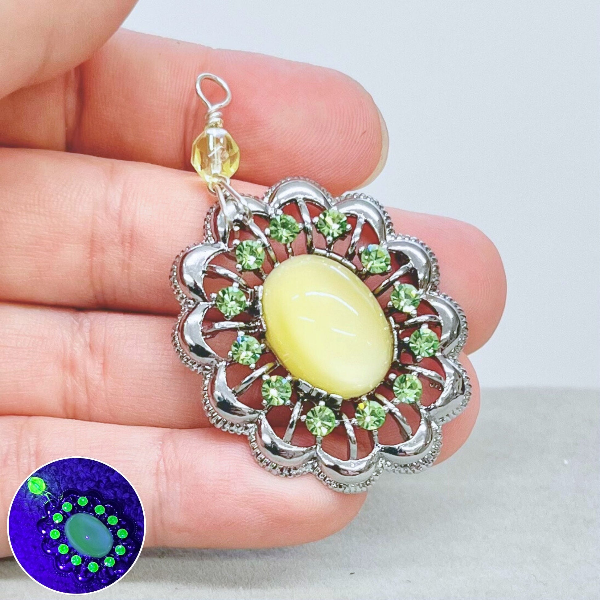 Pretty Oval Silver Plate Yellow Uranium Glass Cabochon Pendant with Green Uranium Crystals in a Vintage Setting UV Reactive Glow TheGreenGlassGemShop