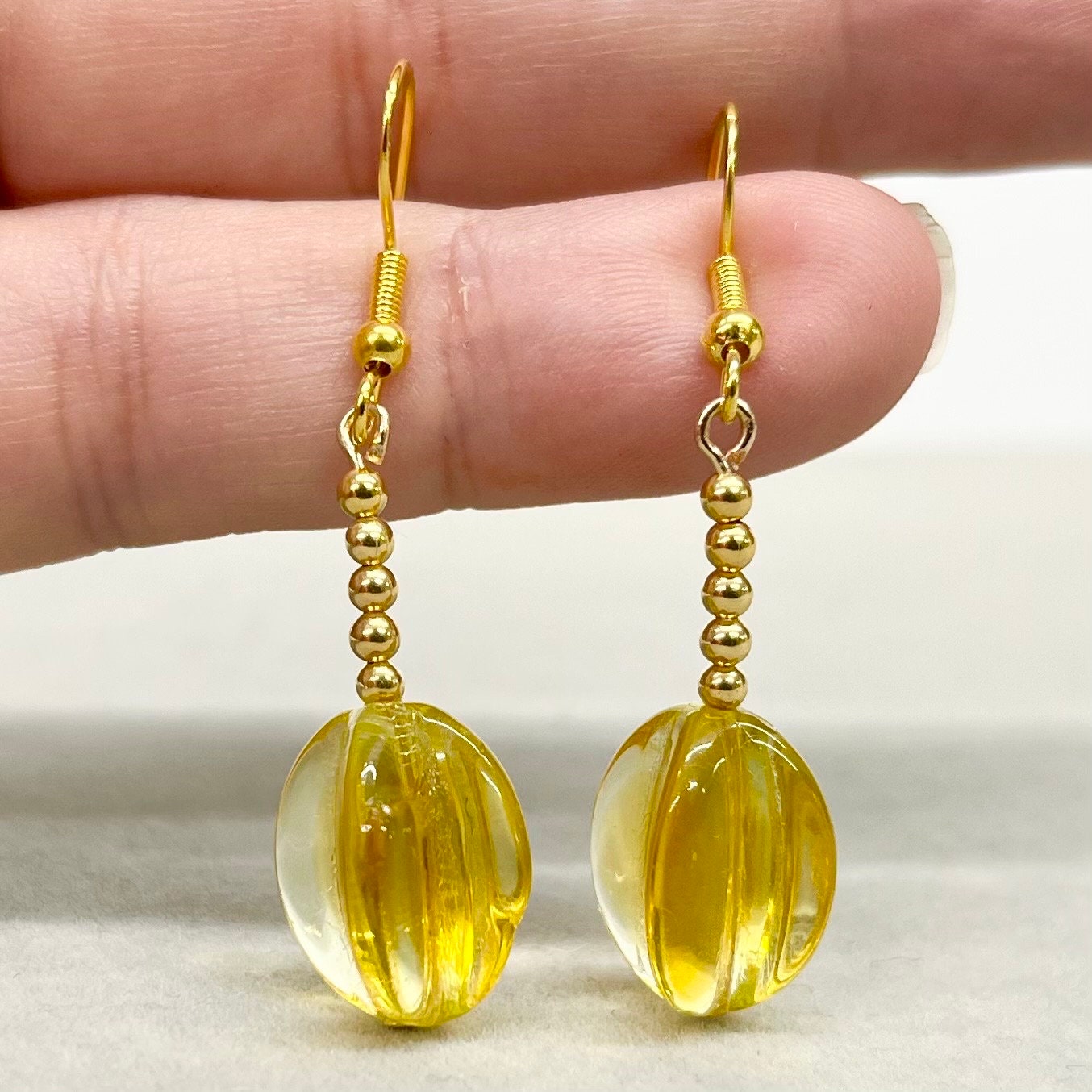 Vintage Yellow Uranium Glass Bead Drop Earrings Gold Plate with a UV Reactive Glow TheGreenGlassGemShop