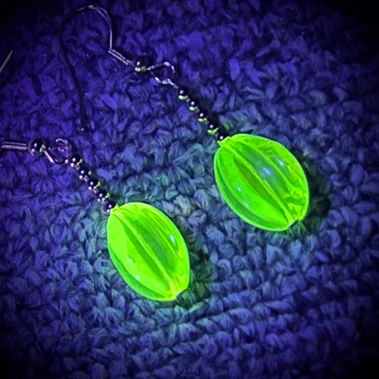 Vintage Yellow Uranium Glass Bead Drop Earrings Gold Plate with a UV Reactive Glow TheGreenGlassGemShop