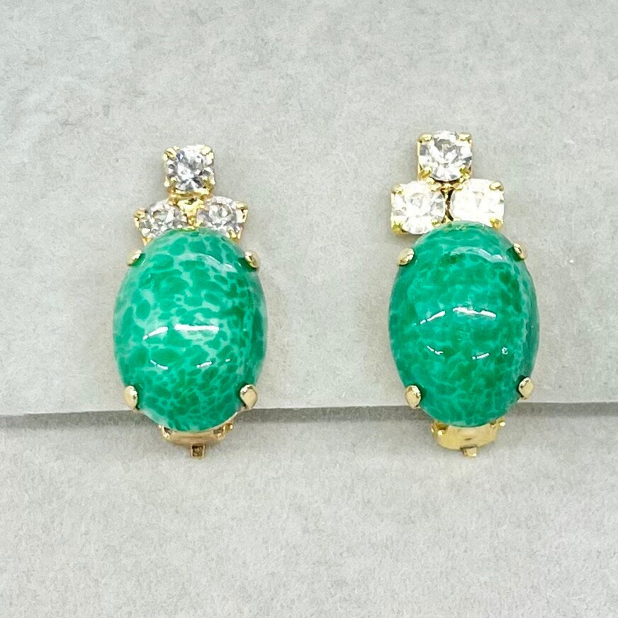 Vintage Green Peking Glass Czech Cabochon Clip On Earrings Gold Plated with Clear Crystals TheGreenGlassGemShop