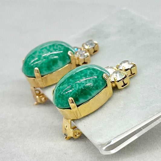 Vintage Green Peking Glass Czech Cabochon Clip On Earrings Gold Plated with Clear Crystals TheGreenGlassGemShop