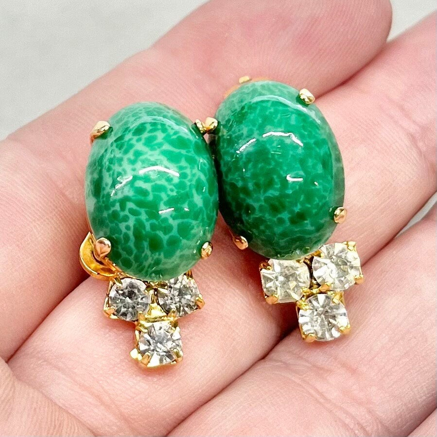 Vintage Green Peking Glass Czech Cabochon Clip On Earrings Gold Plated with Clear Crystals TheGreenGlassGemShop