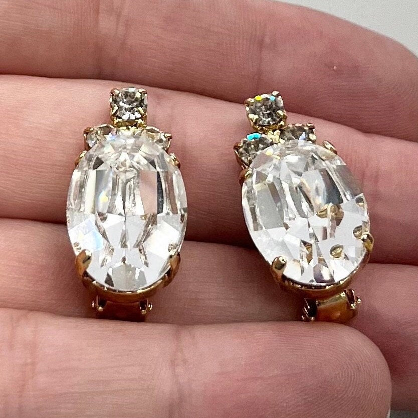 Vintage Clear Swarovski Crystal Elements Clip On Earrings Gold Plated with Clear Crystals TheGreenGlassGemShop