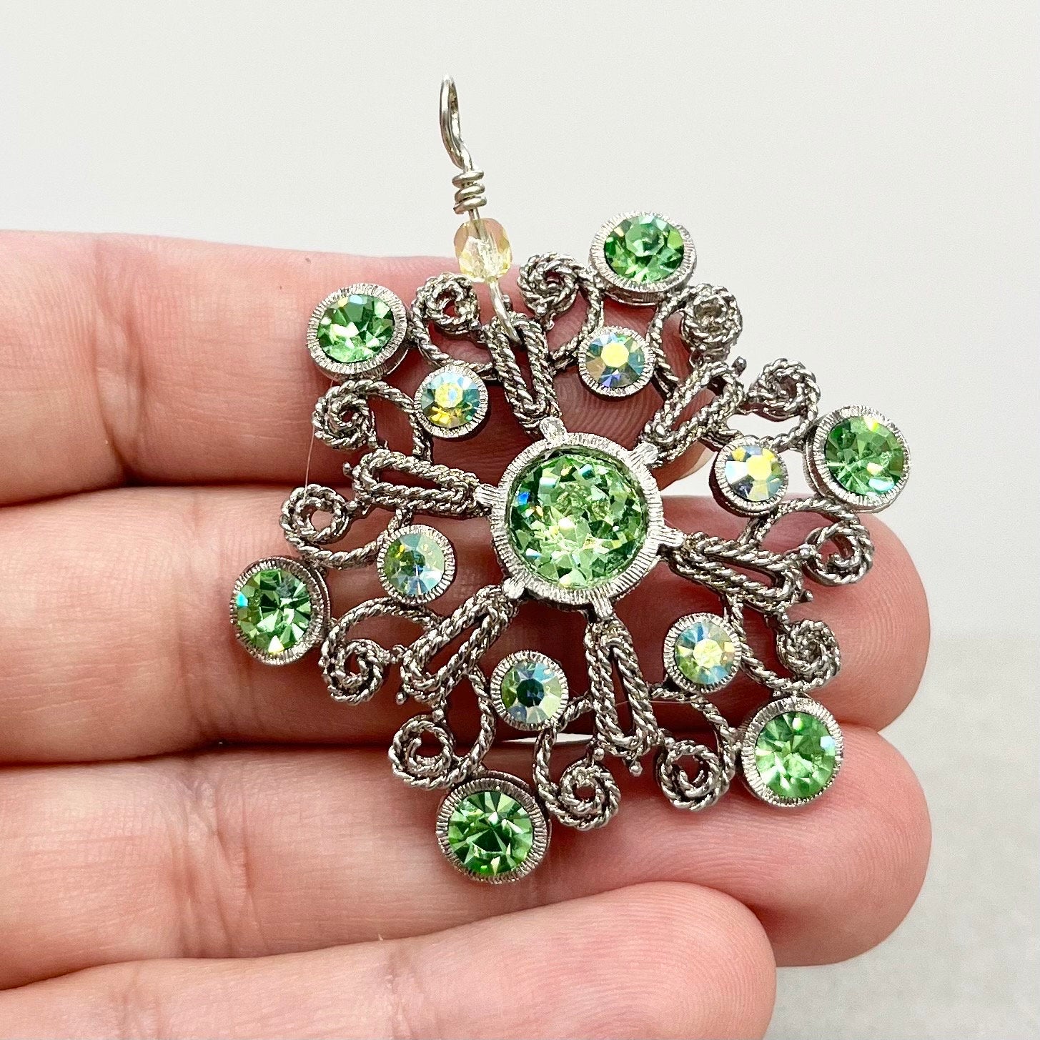 Floral Snowflake Style Silver Plate Uranium Glass Crystal Pendant with Green Uranium Crystals in a Vintage Setting UV Reactive Glow TheGreenGlassGemShop