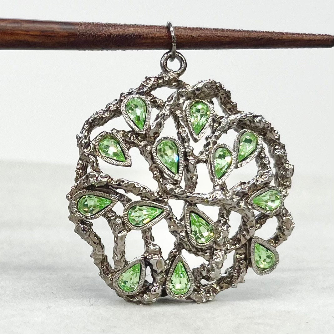 Brutalist Entwined Vine Silver Plate Uranium Glass Crystal Pendant with Green Uranium Crystals in a Vintage Setting UV Reactive Glow TheGreenGlassGemShop