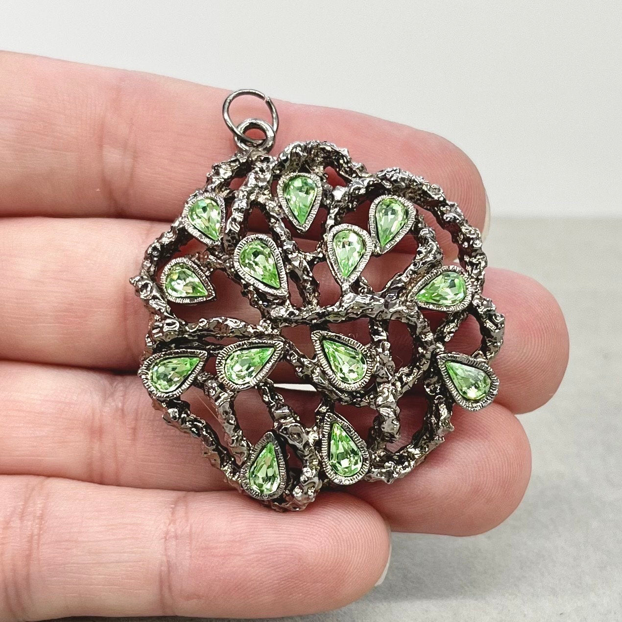 Brutalist Entwined Vine Silver Plate Uranium Glass Crystal Pendant with Green Uranium Crystals in a Vintage Setting UV Reactive Glow TheGreenGlassGemShop