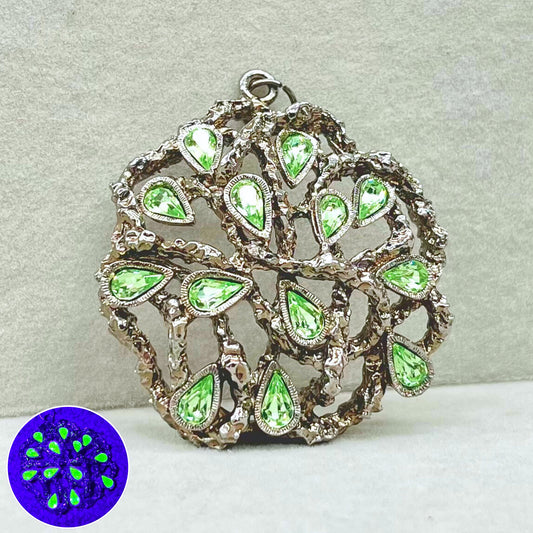 Brutalist Entwined Vine Silver Plate Uranium Glass Crystal Pendant with Green Uranium Crystals in a Vintage Setting UV Reactive Glow TheGreenGlassGemShop