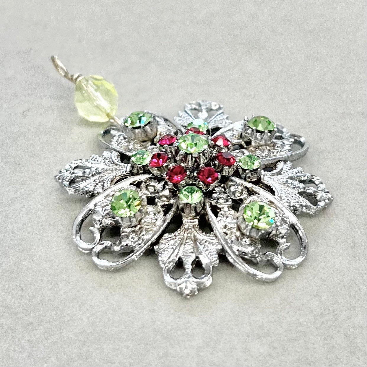 Floral Style Silver Plate Uranium Crystal Pendant with Ruby Crystal Accents in a Vintage Setting UV Reactive Glow TheGreenGlassGemShop