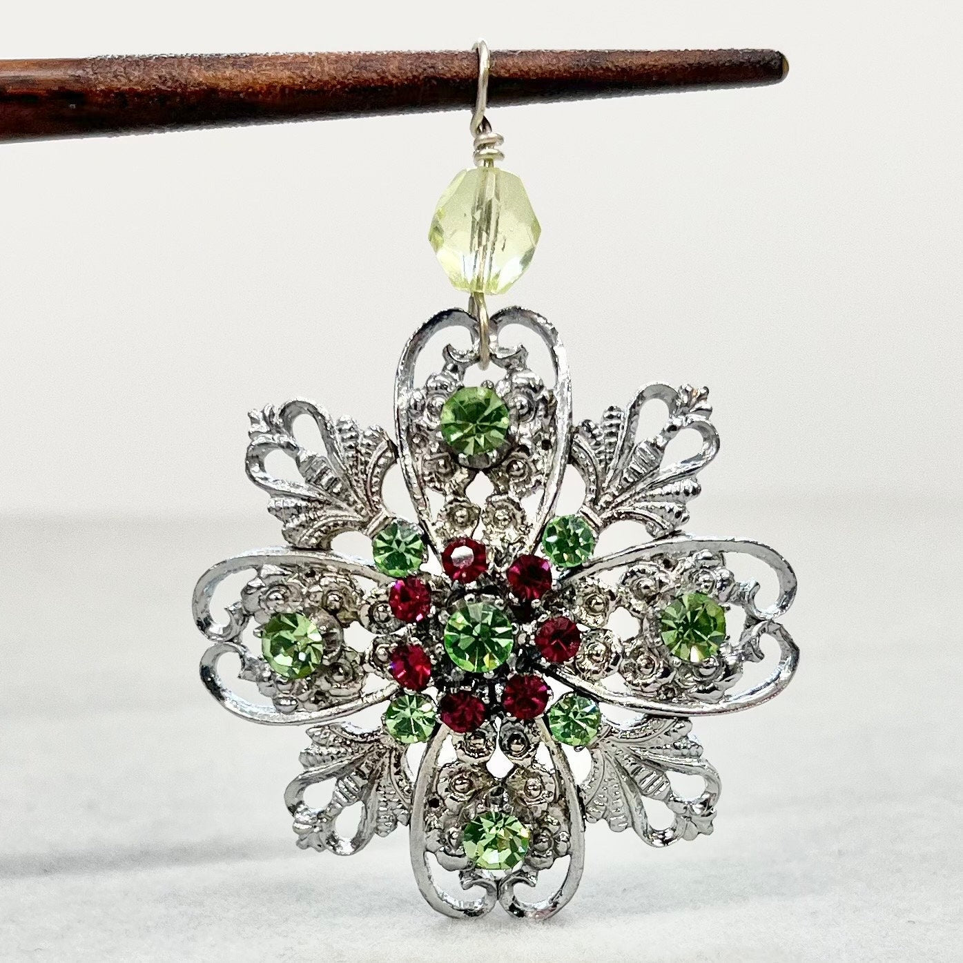 Floral Style Silver Plate Uranium Crystal Pendant with Ruby Crystal Accents in a Vintage Setting UV Reactive Glow TheGreenGlassGemShop