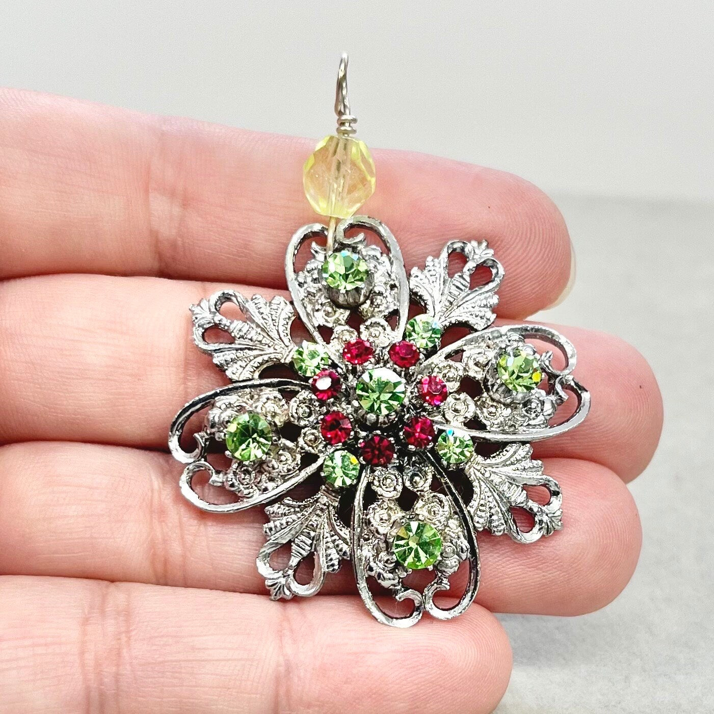 Floral Style Silver Plate Uranium Crystal Pendant with Ruby Crystal Accents in a Vintage Setting UV Reactive Glow TheGreenGlassGemShop