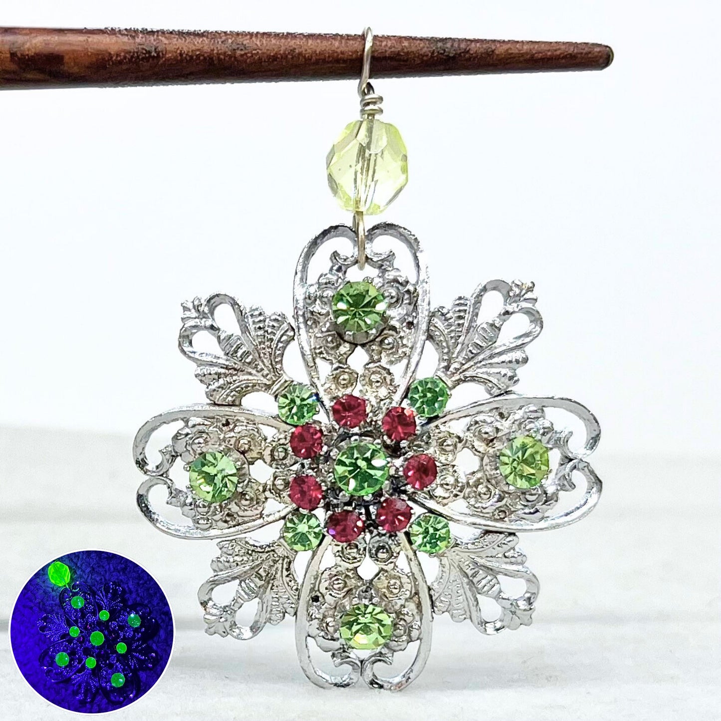 Floral Style Silver Plate Uranium Crystal Pendant with Ruby Crystal Accents in a Vintage Setting UV Reactive Glow TheGreenGlassGemShop