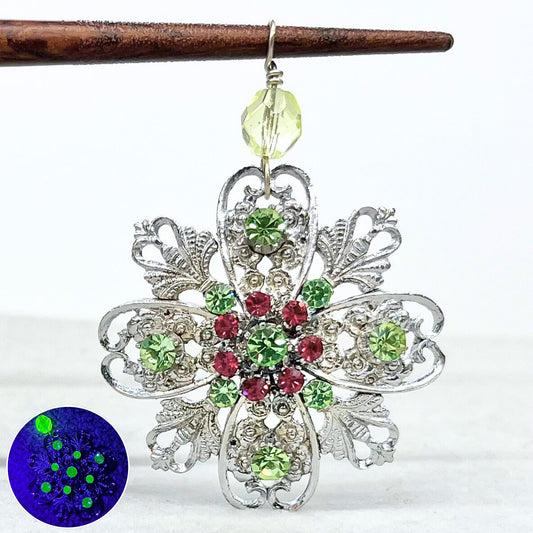 Floral Style Silver Plate Uranium Crystal Pendant with Ruby Crystal Accents in a Vintage Setting UV Reactive Glow TheGreenGlassGemShop