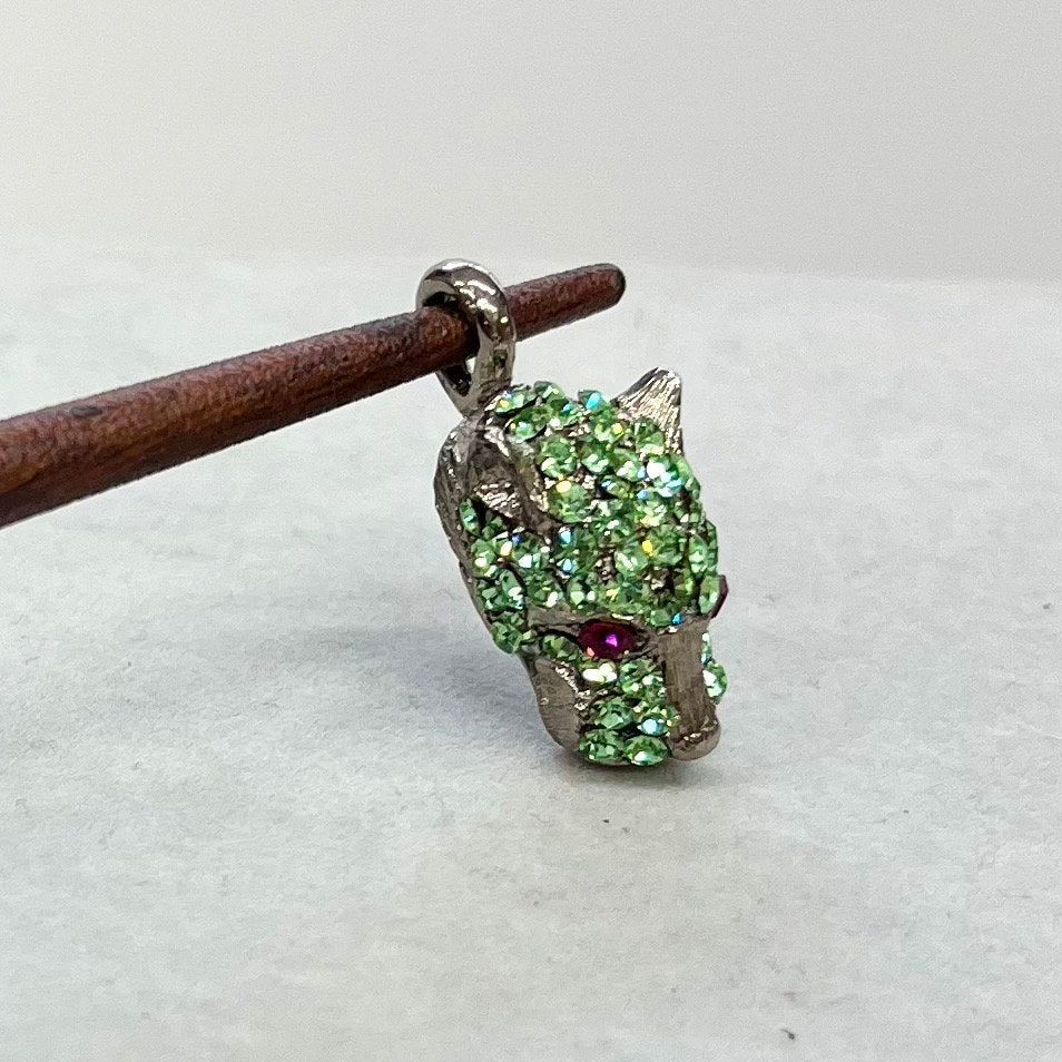 Vintage Panther / Jaguar Head Pendant / Charm Silver Plate with Green Uranium Crystals in a Vintage Setting UV Reactive Glow Cat Jewellery TheGreenGlassGemShop