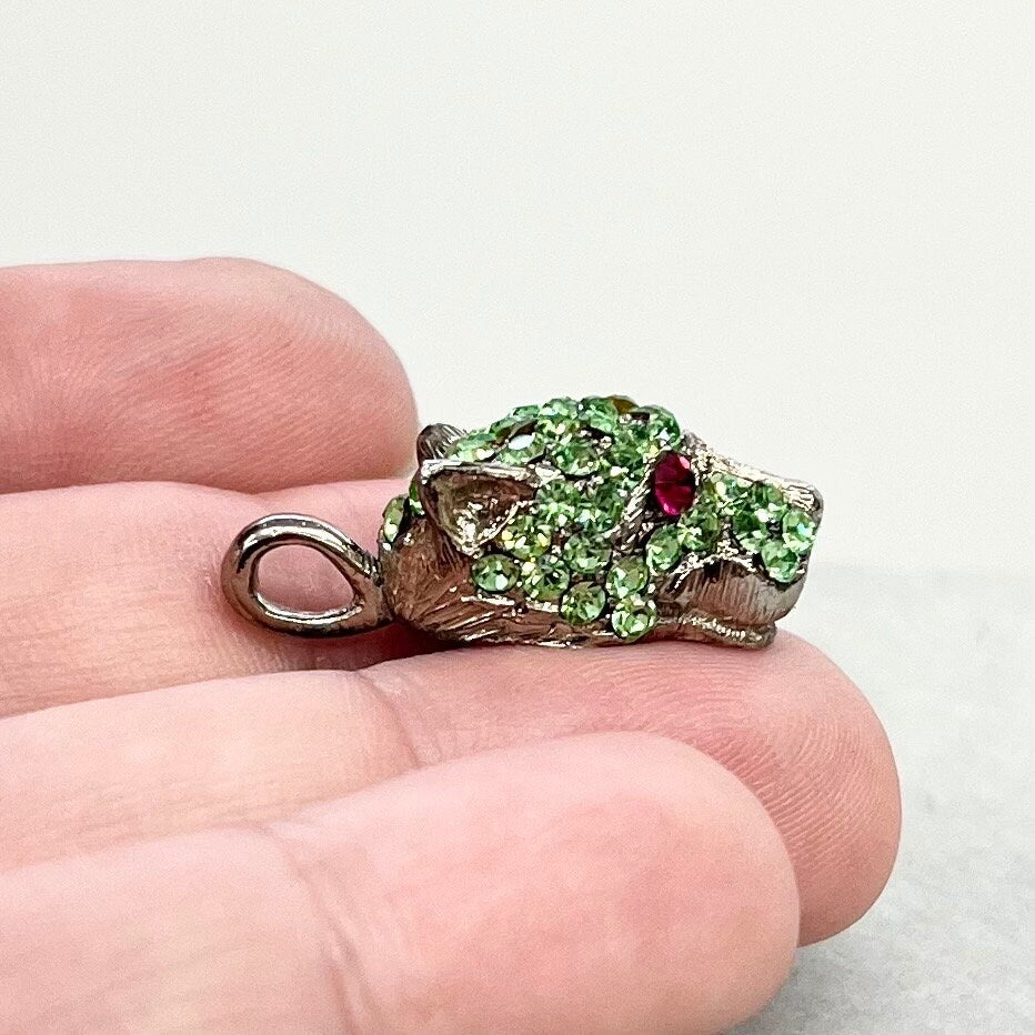 Vintage Panther / Jaguar Head Pendant / Charm Silver Plate with Green Uranium Crystals in a Vintage Setting UV Reactive Glow Cat Jewellery TheGreenGlassGemShop