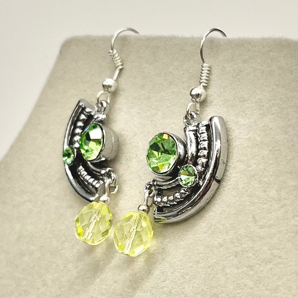 Curved Art Deco Style Uranium Glass Green Crystal Drop Earrings UV Reactive Glow TheGreenGlassGemShop