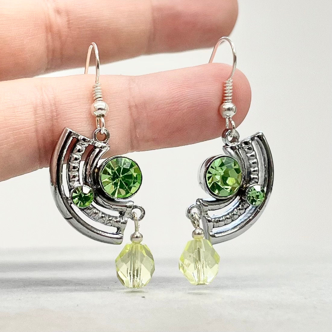 Curved Art Deco Style Uranium Glass Green Crystal Drop Earrings UV Reactive Glow TheGreenGlassGemShop