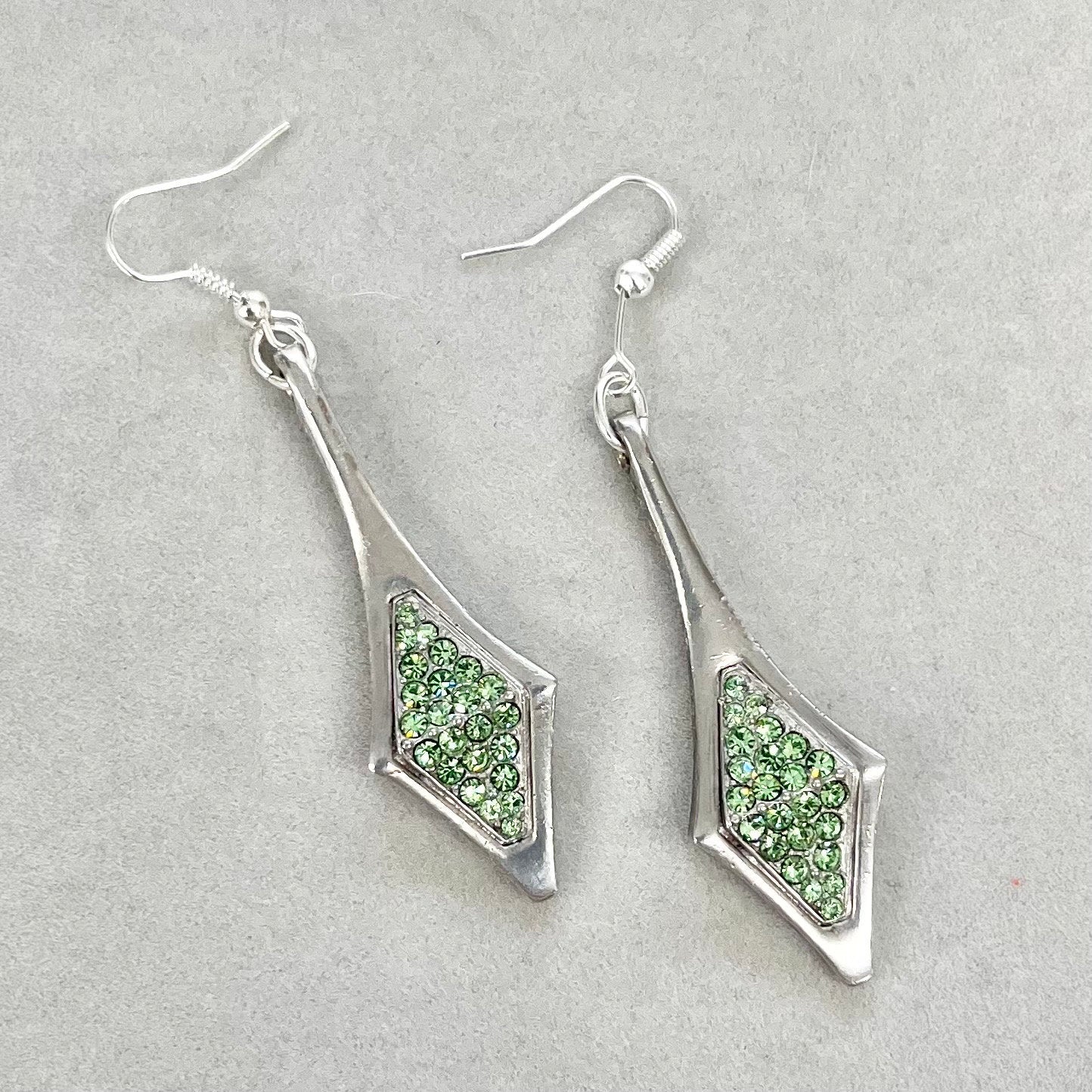 Long Diamond Drop Art Deco Style Uranium Glass Green Crystal Earrings UV Reactive Glow TheGreenGlassGemShop