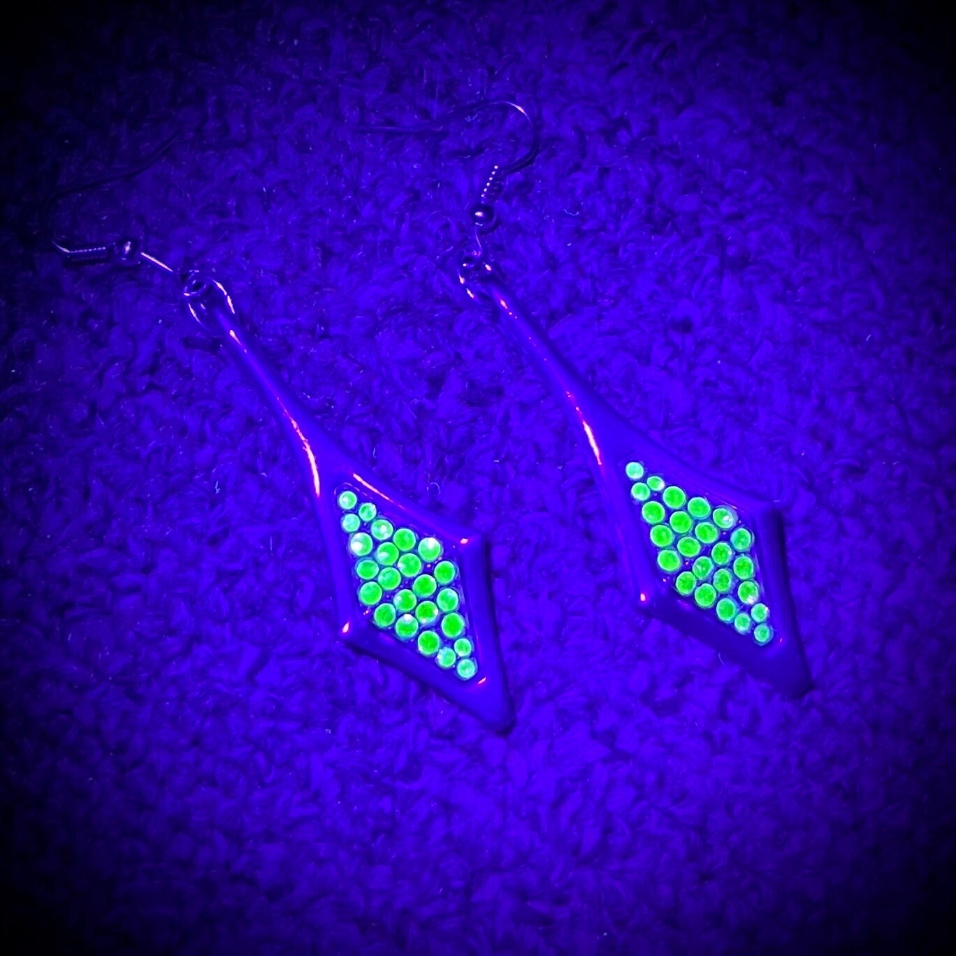 Long Diamond Drop Art Deco Style Uranium Glass Green Crystal Earrings UV Reactive Glow TheGreenGlassGemShop