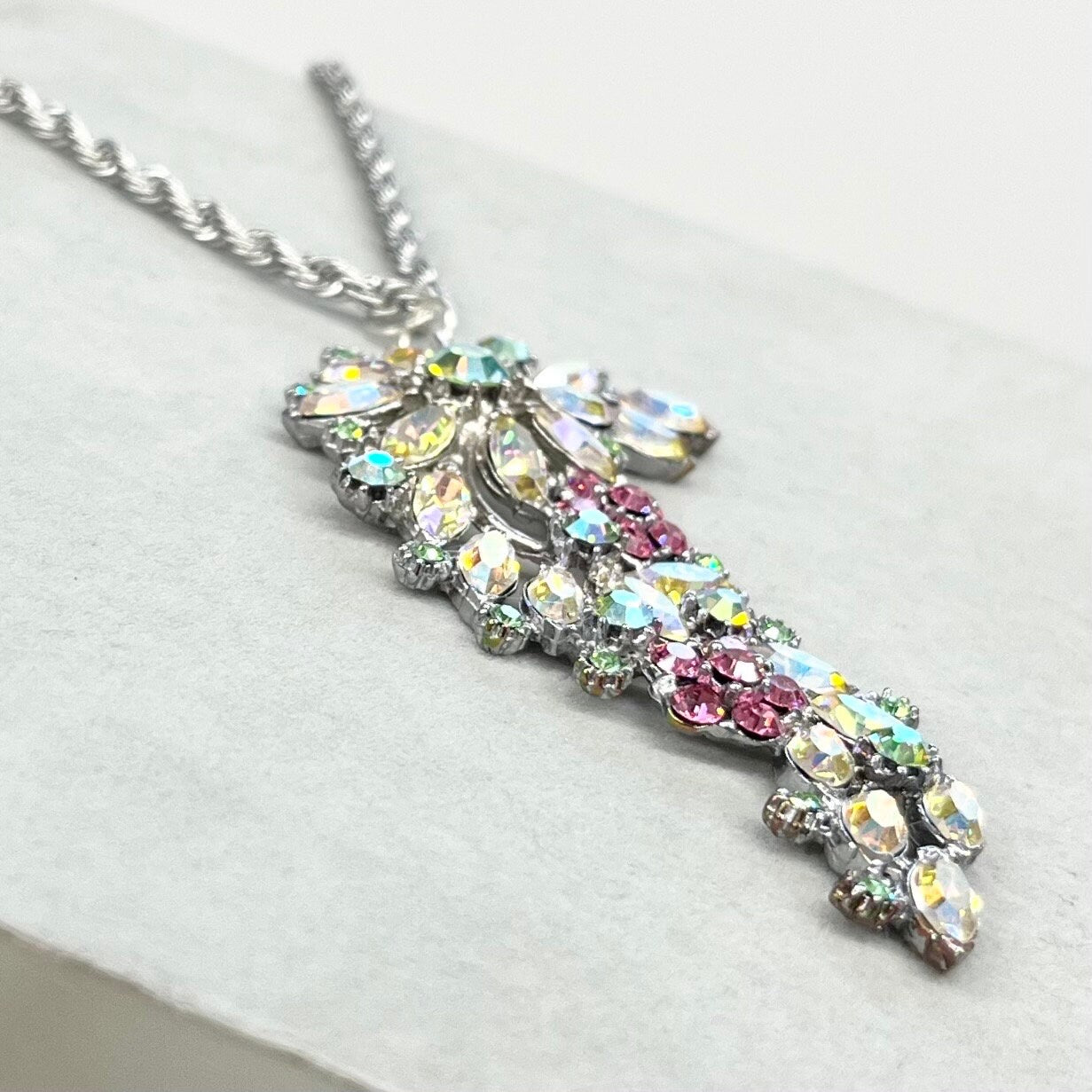 Stunning Statement Floral Pendant with Pink & Green Uranium Crystals in a Vintage Setting UV Reactive Glow TheGreenGlassGemShop