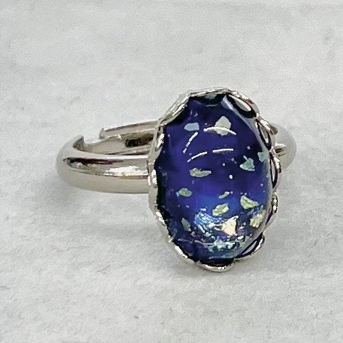 Vintage Oval Czech Glass Cabochon Ring Blue Dichroic Glass Adjustable Size Silver Plated TheGreenGlassGemShop