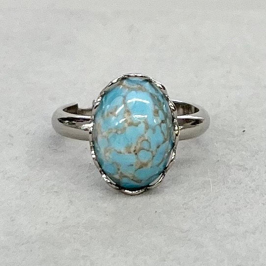 Vintage Oval Czech Glass Cabochon Ring Blue Tuquoise Matrix Glass Adjustable Size Silver Plated TheGreenGlassGemShop