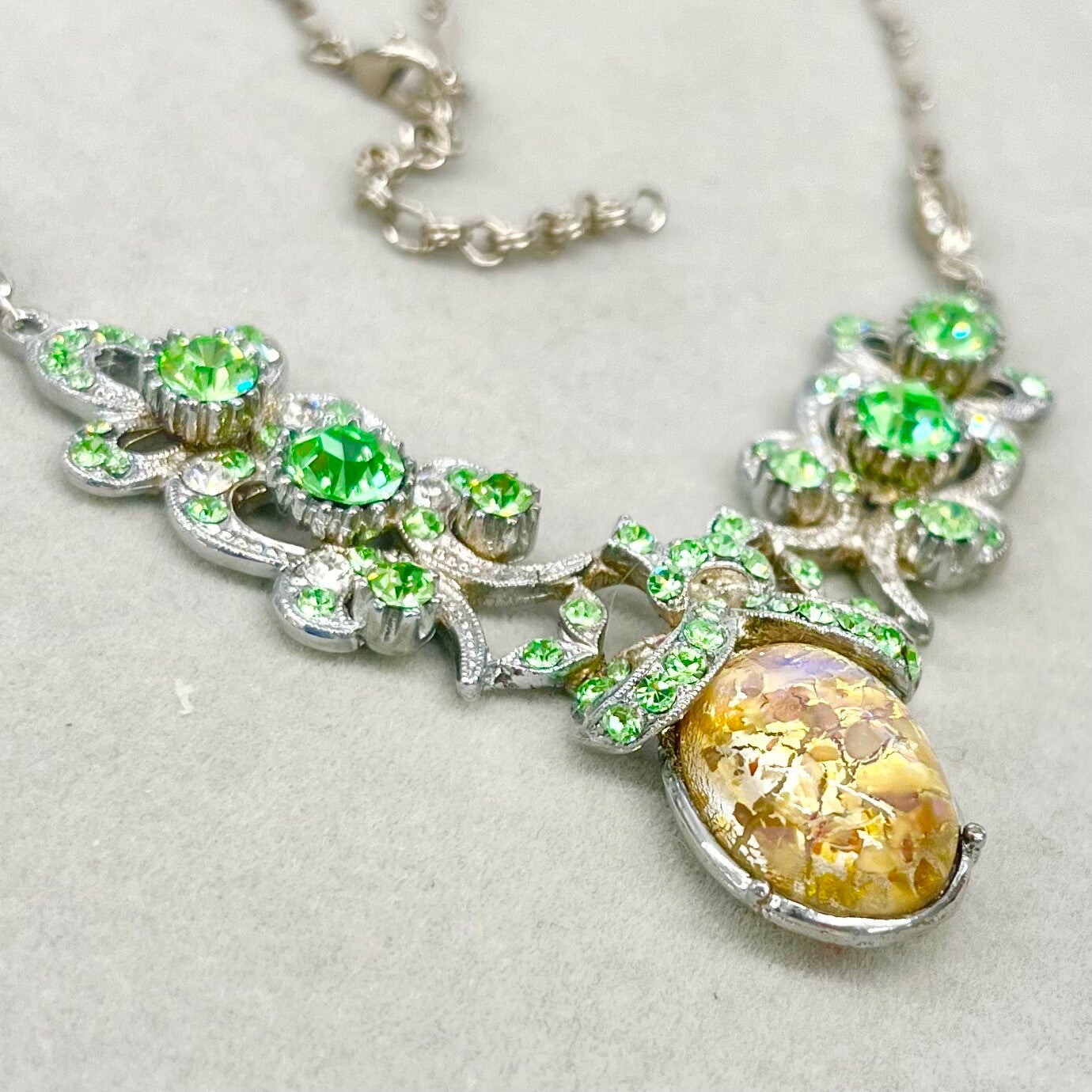 Victorian Style Green Uranium Crystal Necklace with a Gold Dichroic Cabochon Green UV Reactive Glowing Statement Jewellery TheGreenGlassGemShop