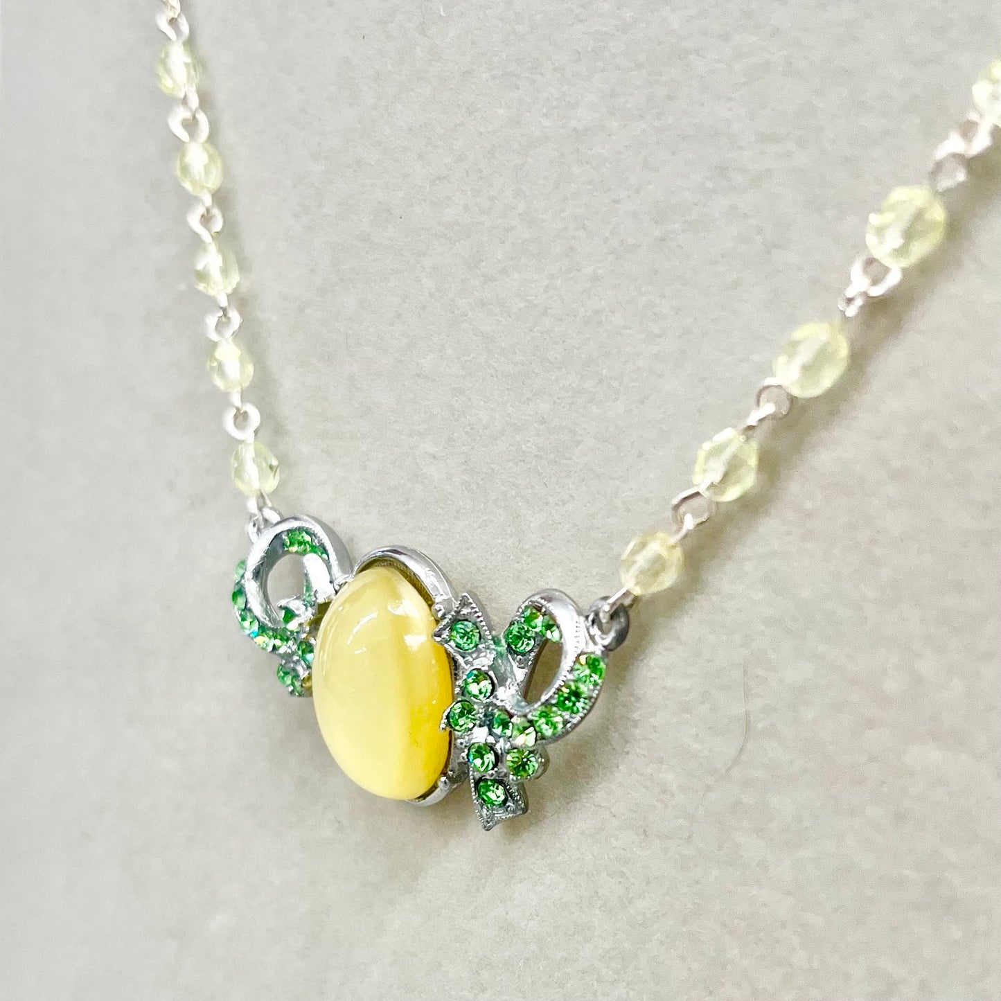 Victorian Style Green Uranium Crystal Necklace with a Yellow Czech Cabochon Green UV Reactive Glowing Statement Jewellery TheGreenGlassGemShop