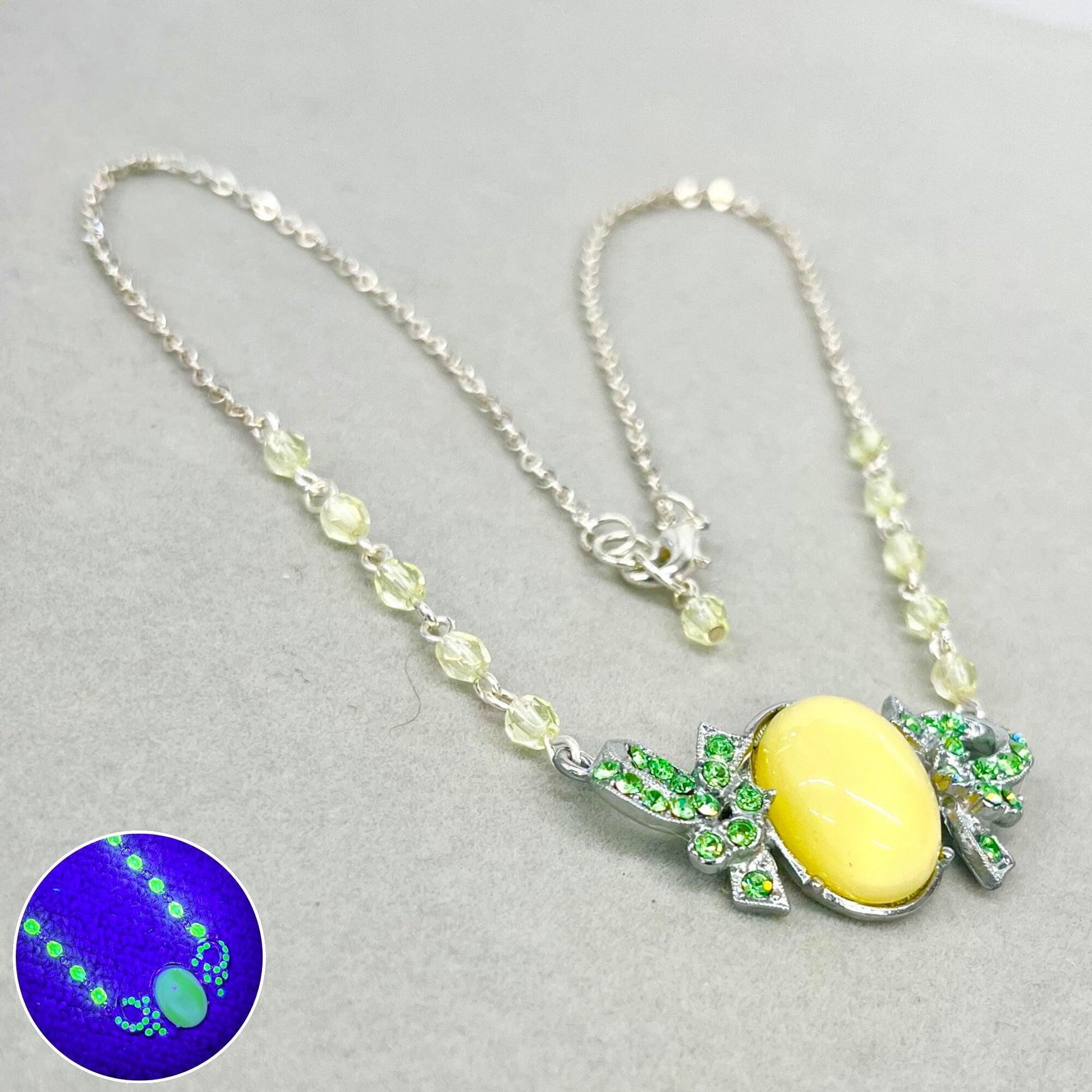 Victorian Style Green Uranium Crystal Necklace with a Yellow Czech Cabochon Green UV Reactive Glowing Statement Jewellery TheGreenGlassGemShop