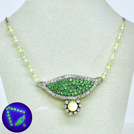 Unique Handmade Green Uranium Crystal Necklace with a Yellow Czech Cabochon Green UV Reactive Glowing Statement Jewellery TheGreenGlassGemShop