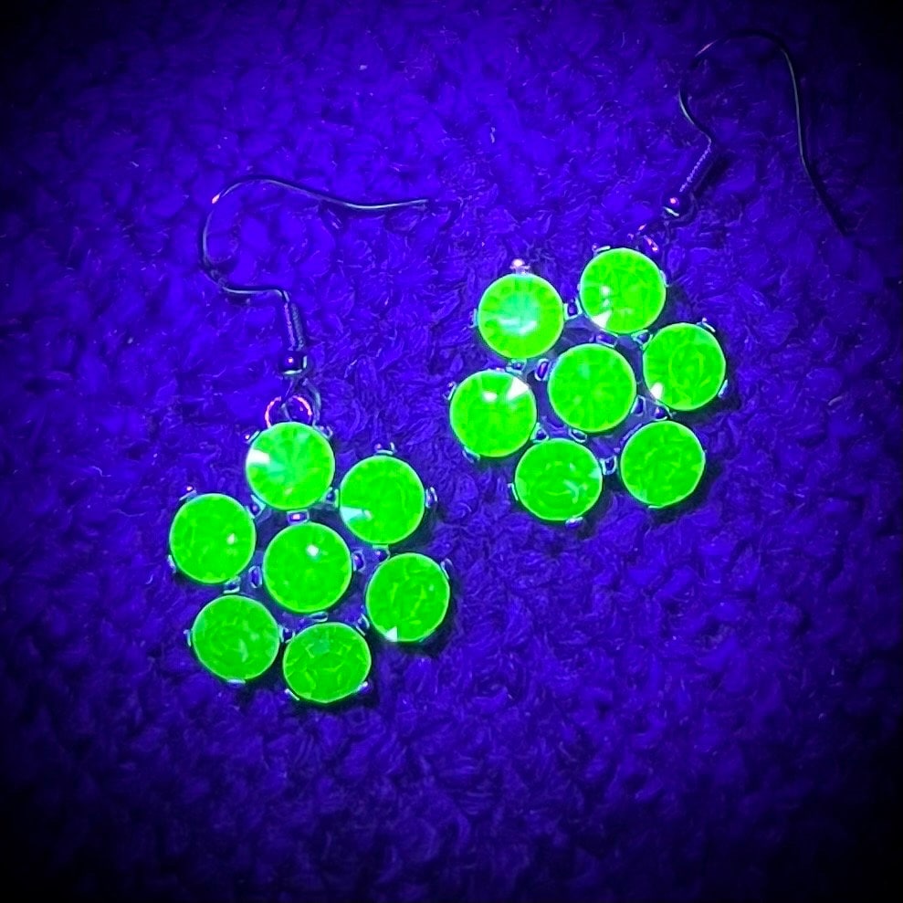 Vintage Uranium Glass Crystal Flower Drop Earrings UV Reactive Glow with Vintage Swarovski Crystals TheGreenGlassGemShop