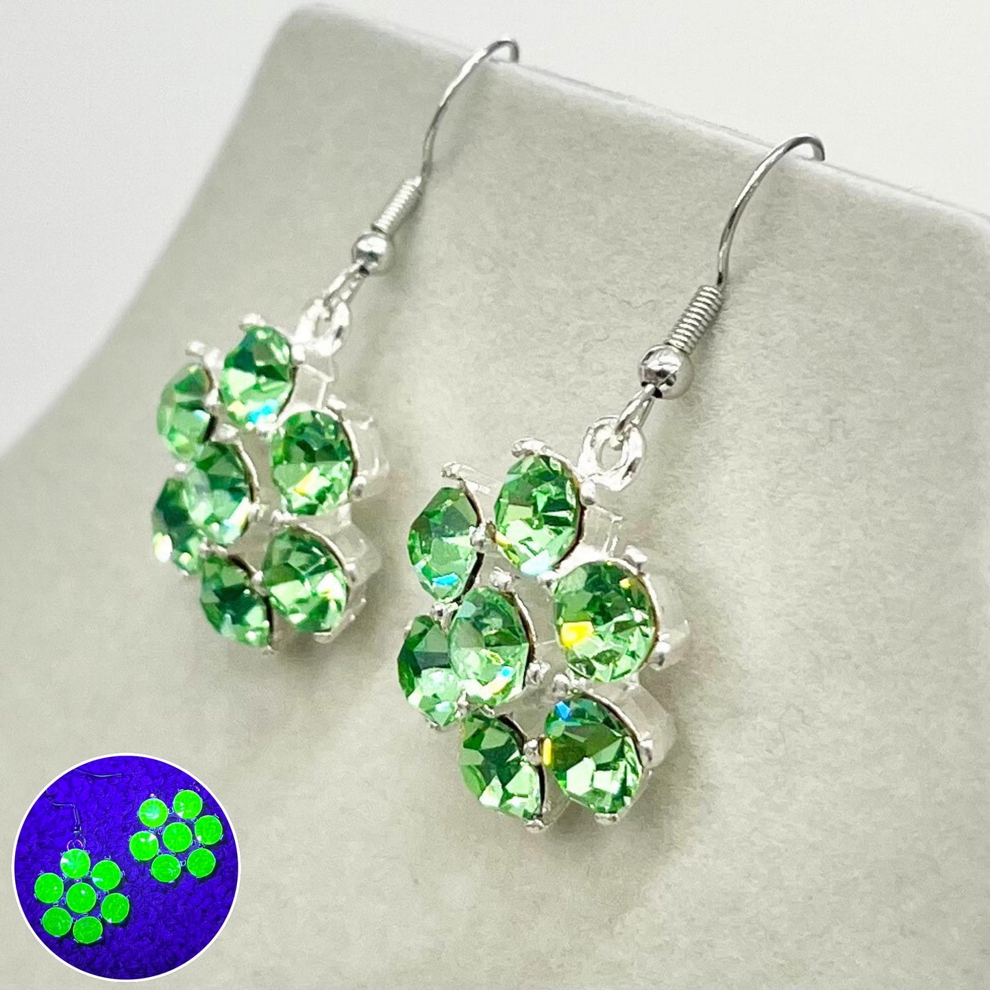 Vintage Uranium Glass Crystal Flower Drop Earrings UV Reactive Glow with Vintage Swarovski Crystals TheGreenGlassGemShop