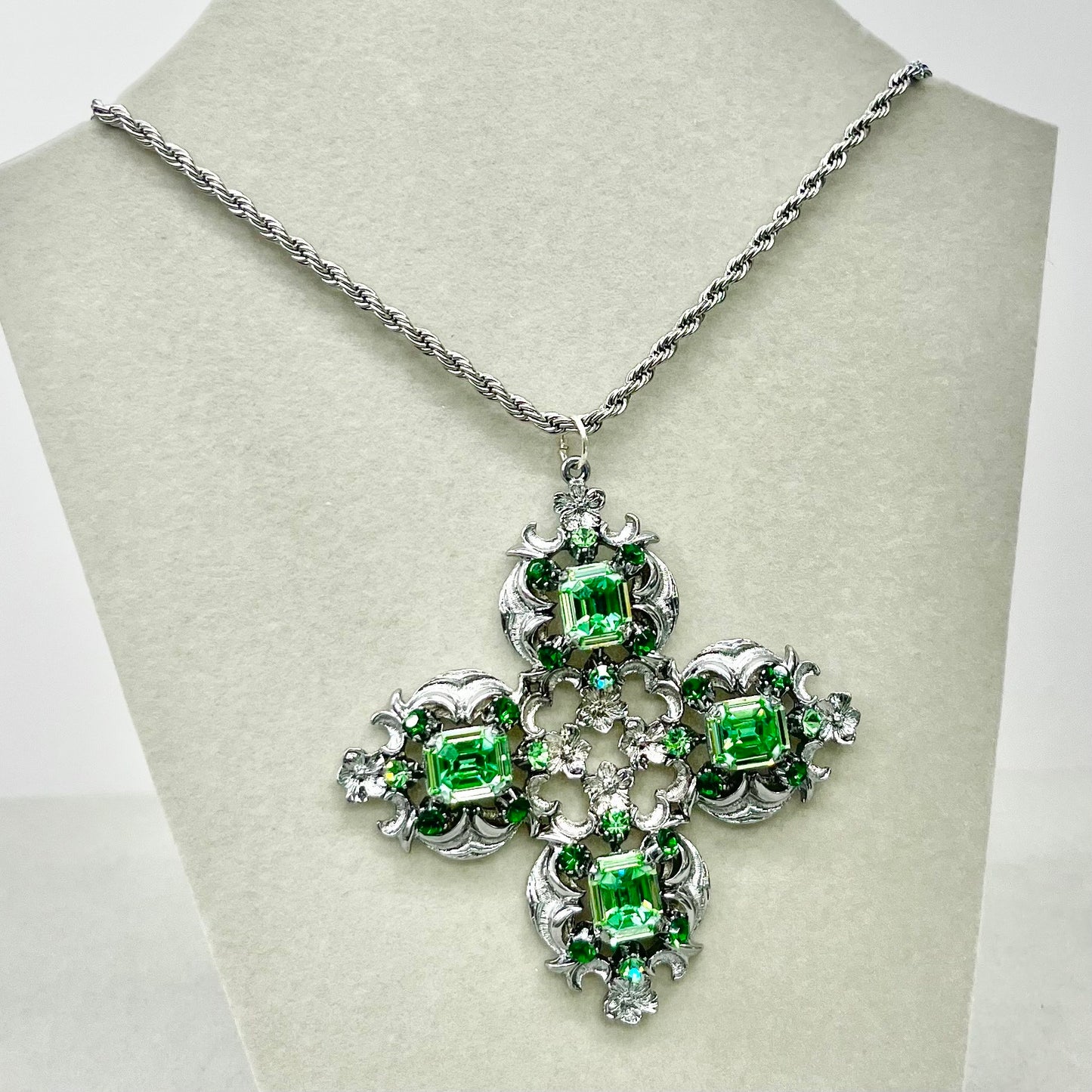 Huge Cross Style Uranium Crystal Pendant with Uranium Crystals in a Vintage Silver Tone Setting UV Reactive Glow Statement Jewellery 18” TheGreenGlassGemShop