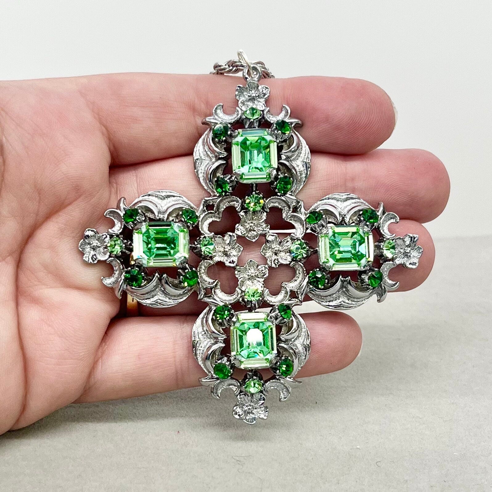 Huge Cross Style Uranium Crystal Pendant with Uranium Crystals in a Vintage Silver Tone Setting UV Reactive Glow Statement Jewellery 18” TheGreenGlassGemShop