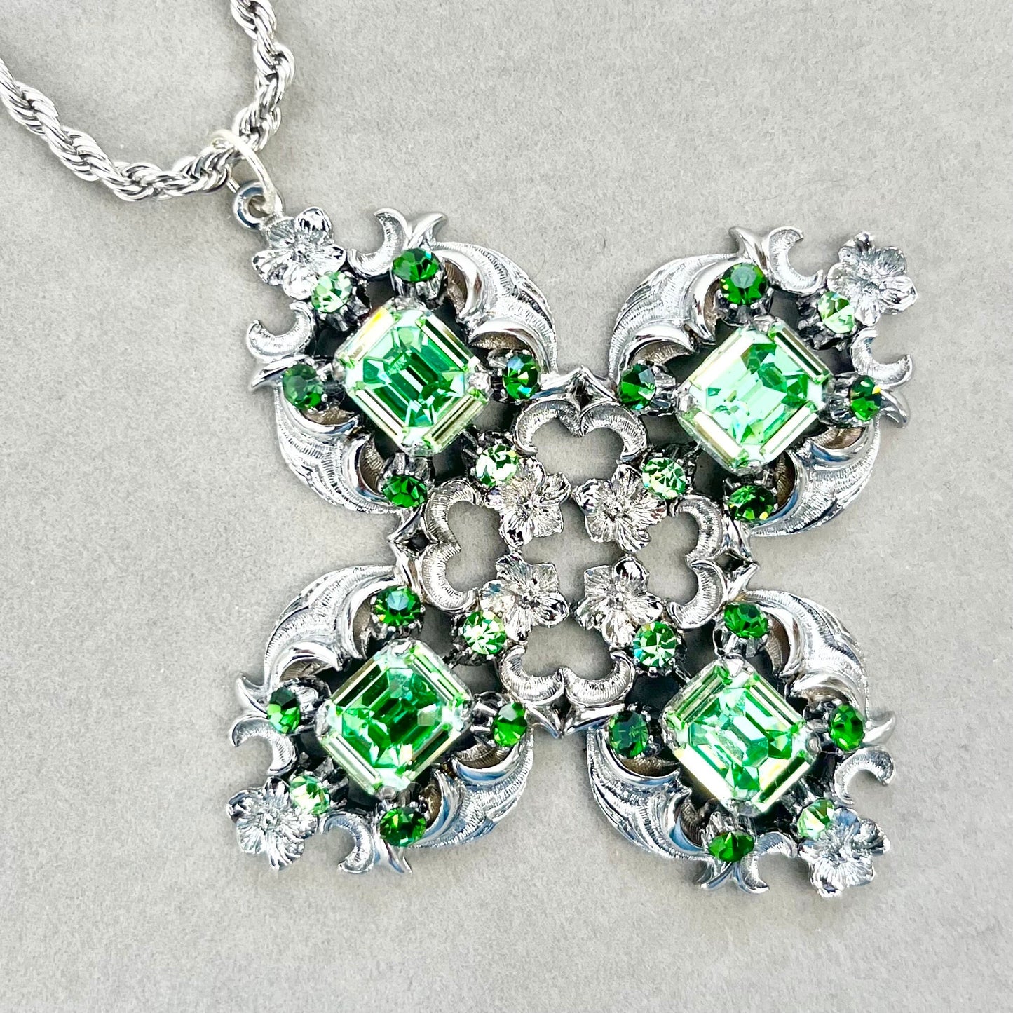 Huge Cross Style Uranium Crystal Pendant with Uranium Crystals in a Vintage Silver Tone Setting UV Reactive Glow Statement Jewellery 18” TheGreenGlassGemShop