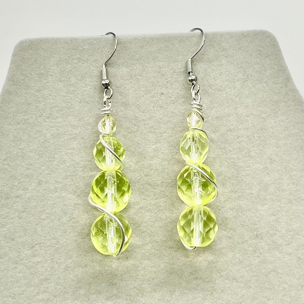 Vintage Yellow Uranium Glass Bead Drop Earrings Silver Plate UV Reactive Glow with Czech Firepolished Crystal Beads TheGreenGlassGemShop