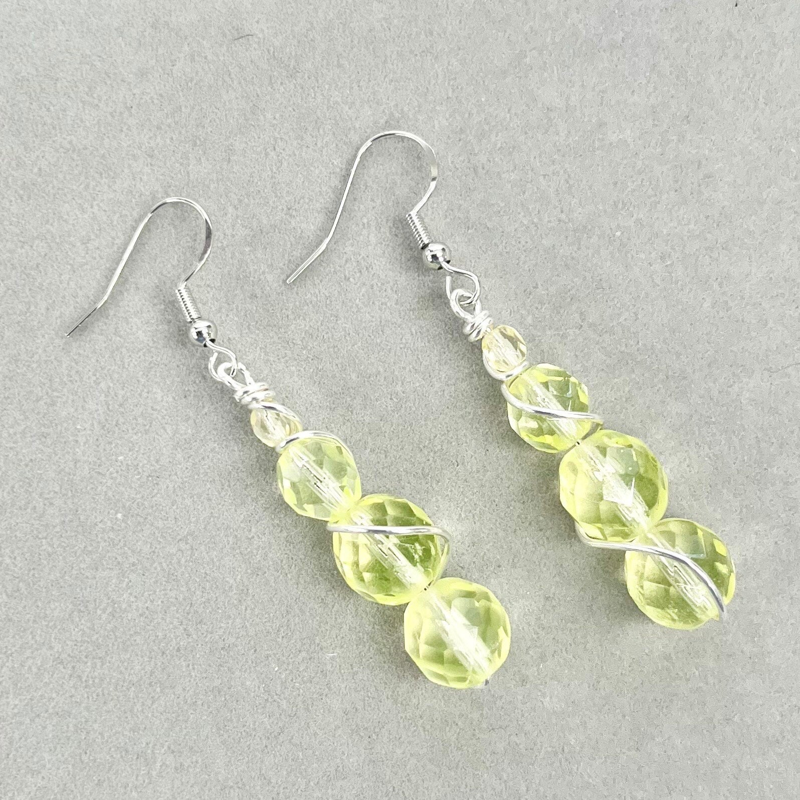 Vintage Yellow Uranium Glass Bead Drop Earrings Silver Plate UV Reactive Glow with Czech Firepolished Crystal Beads TheGreenGlassGemShop