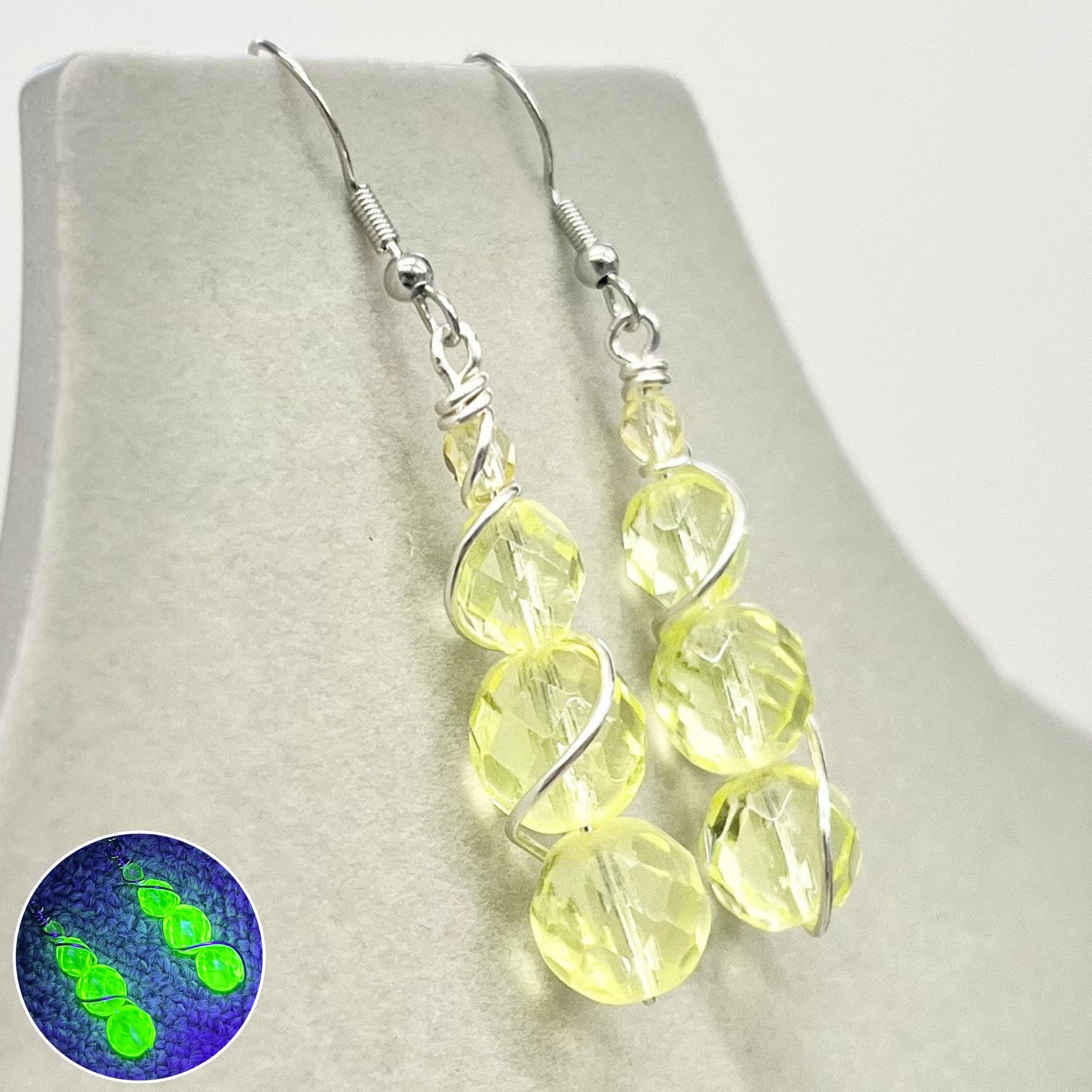 Vintage Yellow Uranium Glass Bead Drop Earrings Silver Plate UV Reactive Glow with Czech Firepolished Crystal Beads TheGreenGlassGemShop