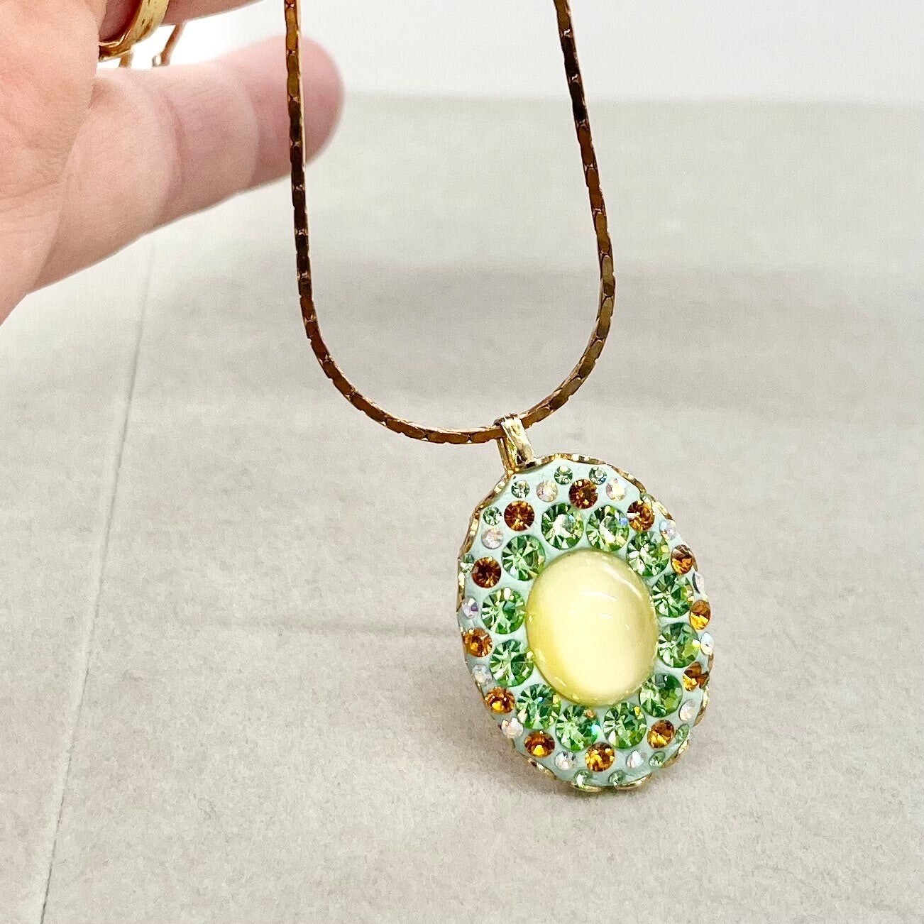 Green Uranium Crystal Pendant with Vintage Uranium Swarovski Crystal Elements in a Gold Tone Setting UV Reactive Glow TheGreenGlassGemShop